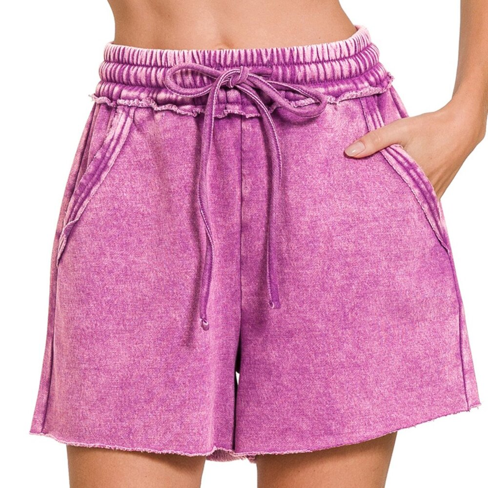 NWT Ladies Light Plum Acid Wash Fleece Drawstring Shorts with Pockets Small